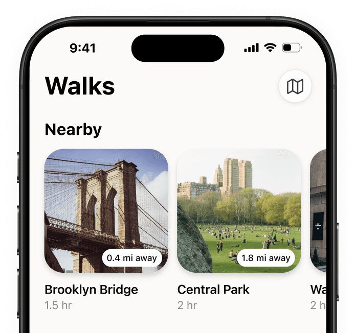 Walk app interface showing walks list